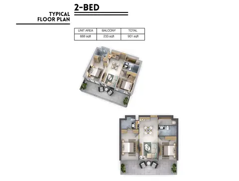 فيرا ريزيدنسز: مخطط الطابق 2 Bedroom, Size 901 sq ft, 901 sq ft