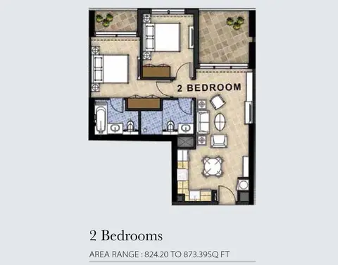 Aykon City Tower: Планировка 2bd-824.20-873.39 sqft, 873 sq ft