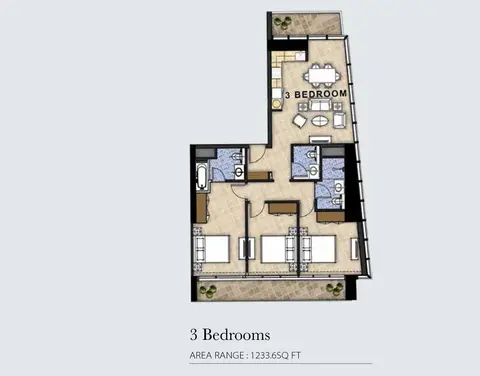 Aykon City Tower: Планировка 3bd-1233.6 sqft, 1,234 sq ft