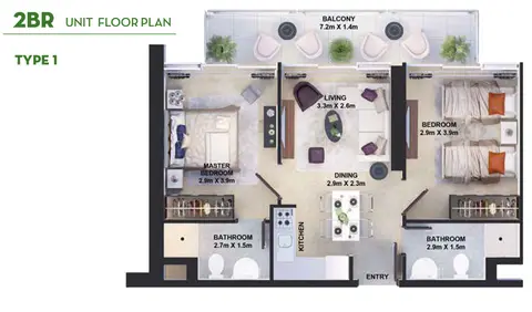 Golf Vita Apartments: 2 Bedroom unit floor plan type 1 户型图
