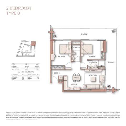 Binghatti Pinnacle: Floor plan Type 01, 1,318 sq ft