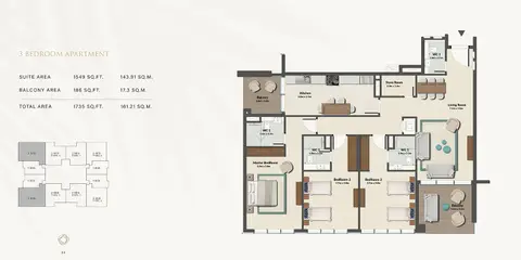 Cresswell Residences at Dubai South: Plan 3 Bedroom, 1,735 sq ft