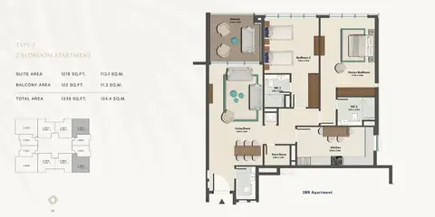 Cresswell Residences at Dubai South: Plan 2 Bedroom - Type 2, 1,339 sq ft