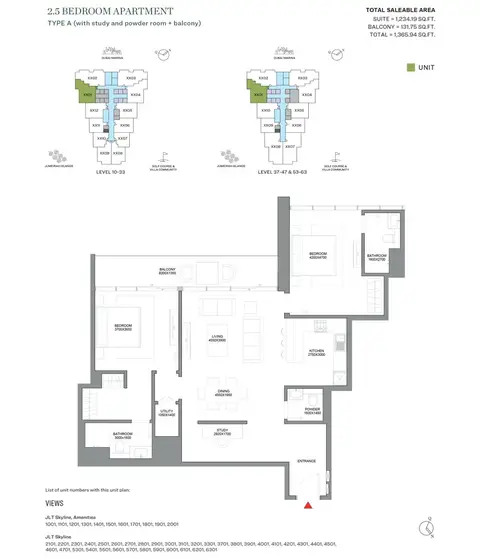 Sobha Verde JLT: Floor plan Type A, 1,366 sq ft
