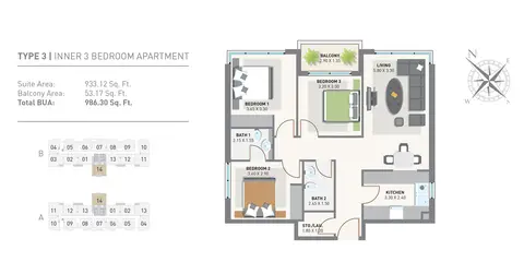 Green Diamond One: फ़्लोर प्लान 3 Bedroom Apartments, 986 sq ft