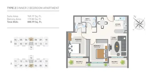 Green Diamond One: फ़्लोर प्लान 2 Bedroom Apartments, 889 sq ft