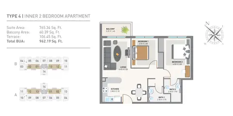 Green Diamond One: फ़्लोर प्लान 2 Bedroom Apartments, 982 sq ft