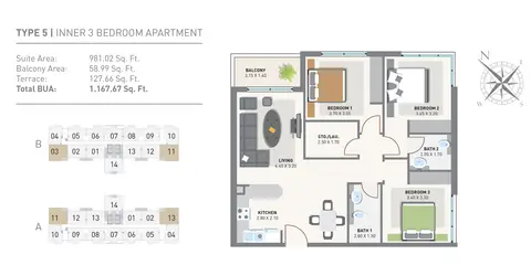Green Diamond One: फ़्लोर प्लान 3 Bedroom Apartments, 1,168 sq ft