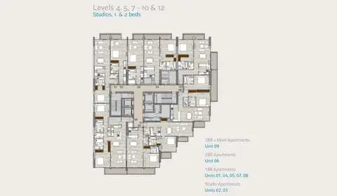 ليف ريزيدنس: مخطط الطابق Level-4-5-7-10-12-studio-1-2-bedroom