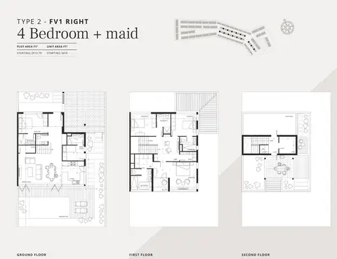Jumeirah Luxury Living: Floor plan 4 Bedroom + Maid, Type 2, FV1 RIGHT, Size 3416 Sq.Ft, 3,416 sq ft