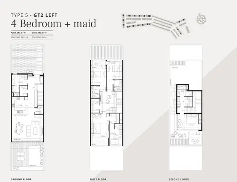 Jumeirah Luxury Living: Floor plan 4 Bedroom + Maid, Type 5 - GT2 LEFT, Size 3414 Sq.Ft, 3,414 sq ft