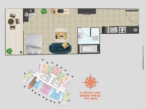 Al Jawhara Tower: Plan ST-T-03, 630 sq ft