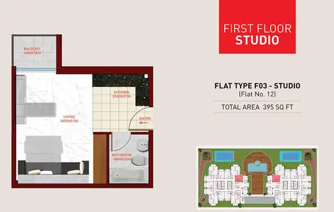 Glamz Residence: Floor plan F03-Studio-395sqft, 395 sq ft