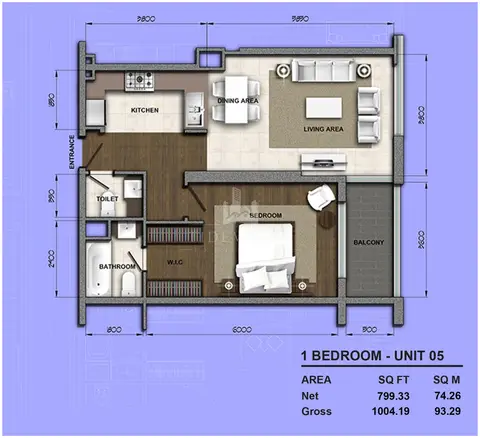Orion Building: 1 Bedroom Unit 05, Size 1004 sq ft, 1,004 sq ft 户型图