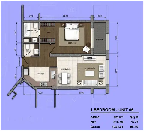 Orion Building: 1 Bedroom Unit 06, Size 1024 sq ft, 1,024 sq ft 户型图