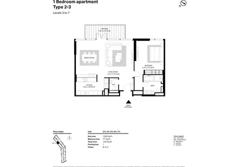 Bluewaters Residences: Building 2 - 1 Bedroom Type 2-3 Level 3-7 Size 1145 sq ft, 1,145 sq ft 户型图