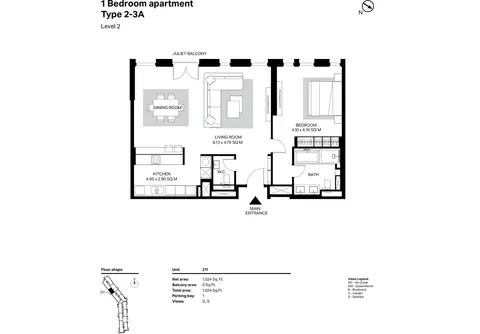 Bluewaters Residences: Building 2 - 1 Bedroom Type 2-3A Size 1024 sq ft, 1,024 sq ft 户型图