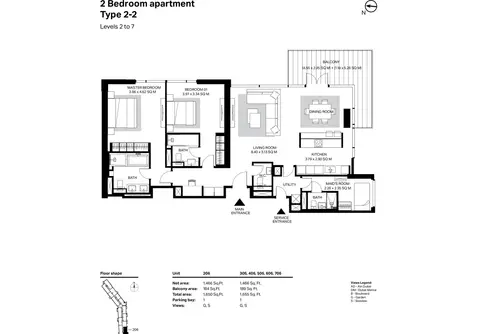 Bluewaters Residences: Building 2 - 2 Bedroom Type 2-2 Level 2 To 7 Size 1655 sq ft, 1,655 sq ft 户型图