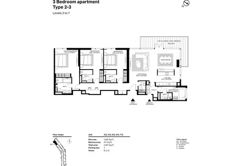 Bluewaters Residences: Building 2 - 3 Bedroom Type 2-3 Level 3 To 7 Size 2067 sq ft, 2,067 sq ft 户型图