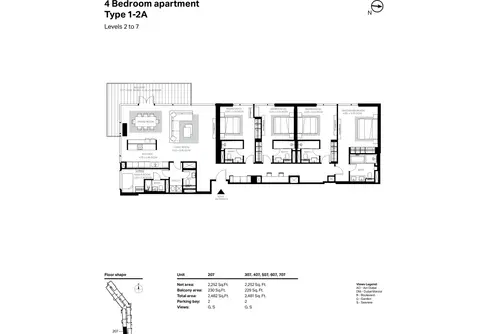 Bluewaters Residences: Building 2 - 4 Bedroom Type 1-2A Level 2 To 7 Size 2481 sq ft, 2,481 sq ft 户型图
