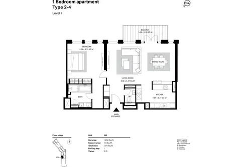 Bluewaters Residences: Building 2 - 1 Bedroom Type 2-4 Level 1 Size 1058 sq ft, 1,058 sq ft 户型图