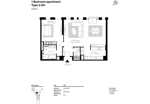 Bluewaters Residences: Building 2 - 1 Bedroom Type 2-6A Level 2 Size 1043 sq ft, 1,043 sq ft 户型图