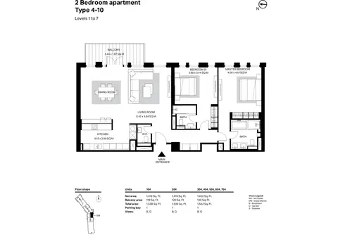 Bluewaters Residences: Building 2 - 2 Bedroom Type 4-10 Level 1 To 7 Size 1542 sq ft, 1,542 sq ft 户型图