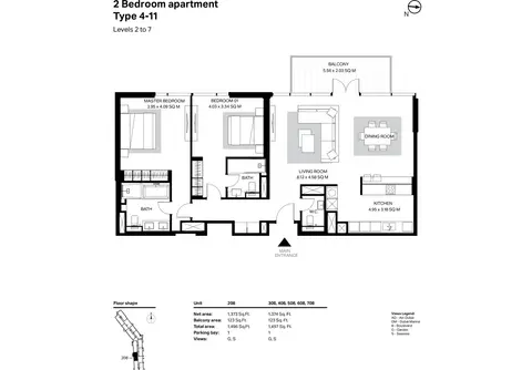 Bluewaters Residences: Building 2 - 2 Bedroom Type 4-11 Level 2 To 7 Size 1497 sq ft, 1,497 sq ft 户型图