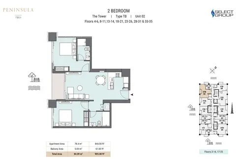 Peninsula Two: Floor plan The tower, Type TB, Unit 02, Floors 4-6, 8-11, 13-14, 18-21, 23-26, 28-31, 33-35, 905 sq ft