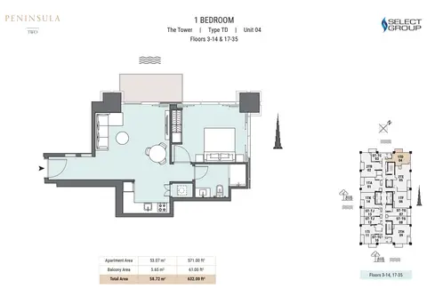 Peninsula Two: Floor plan The tower, Type TD, Unit 04, Floors 3-14 & 17-35, 632 sq ft