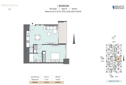 Peninsula Two: Floor plan The tower, Type TF, Unit 06, Floors 4-6, 8-11, 13-14, 18-21, 23-26, 28-31, 33-35, 663 sq ft