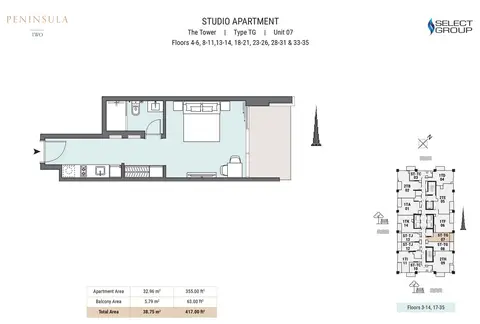Peninsula Two: Floor plan The tower, Type TG, Unit 07, Floors 4-6, 8-11, 13-14, 18-21, 23-26, 28-31, 33-35, 417 sq ft