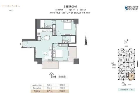 Peninsula Two: Floor plan The tower, Type TH, Unit 09, Floors 4-6, 8-11, 13-14, 18-21, 23-26, 28-31, 33-35, 912 sq ft