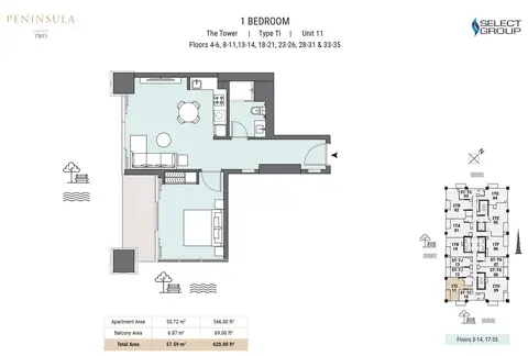 Peninsula Two: Floor plan The tower, Type TI, Unit 11, Floors 4-6, 8-11, 13-14, 18-21, 23-26, 28-31, 33-35, 620 sq ft