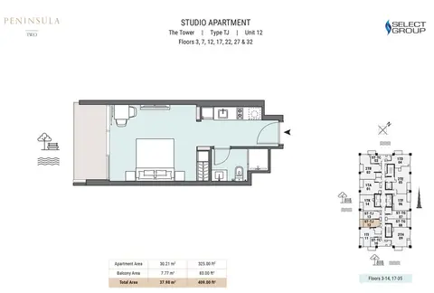 Peninsula Two: Floor plan The tower, Type TJ, Unit 12, Floors 3,7,12,17,22,27 & 32, 409 sq ft