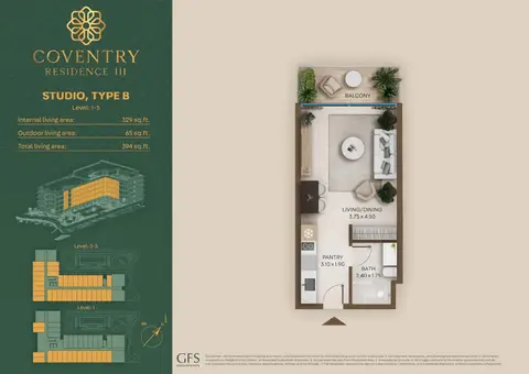 كوفنتري ريزيدنس 3: مخطط الطابق Type B, 394 sq ft