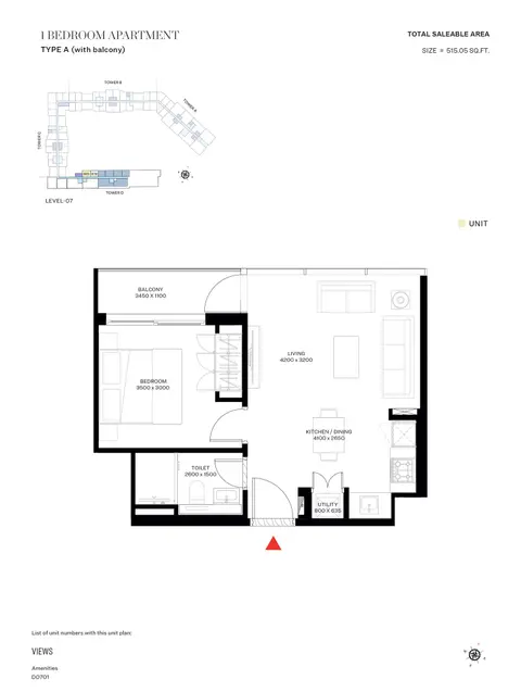 The Crest Tower D: Floor plan Type A, 515 sq ft