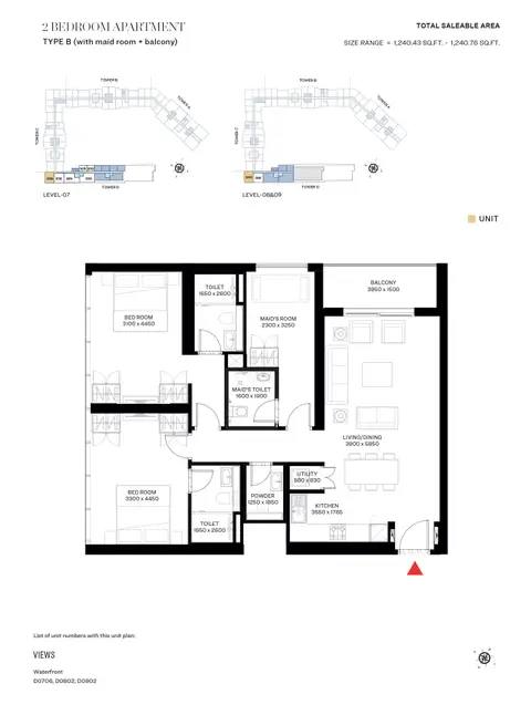 The Crest Tower D: Floor plan Type B, 1,241 sq ft