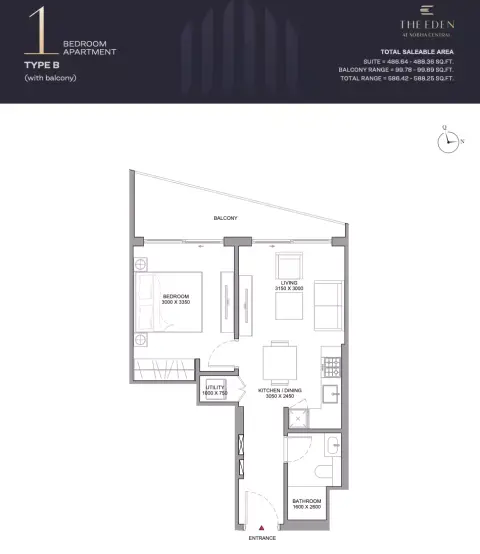 شوبا سنترال: مخطط الطابق Type B, 586 sq ft