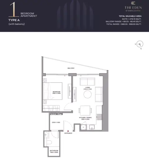 شوبا سنترال: مخطط الطابق Type A-Tower A, 568 sq ft