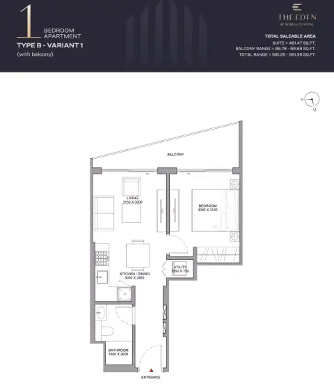 شوبا سنترال: مخطط الطابق Type B, 581 sq ft