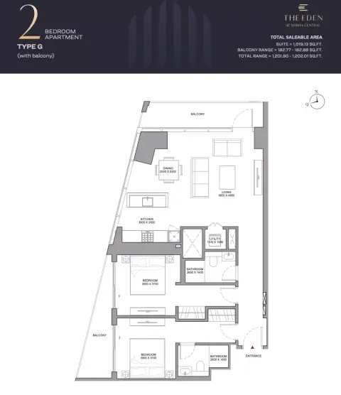 شوبا سنترال: مخطط الطابق Type G, 1,201 sq ft