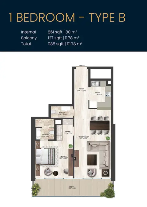 Sol Bay: Floor plan Type B, 988 sq ft