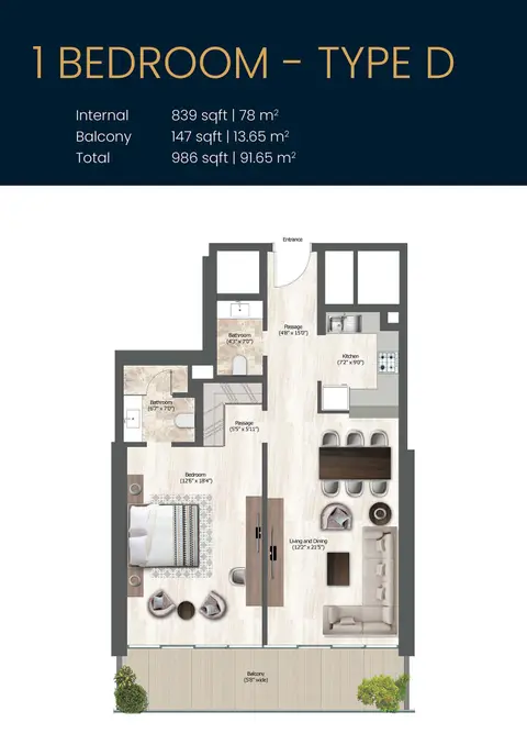 Sol Bay: Floor plan Type D, 986 sq ft