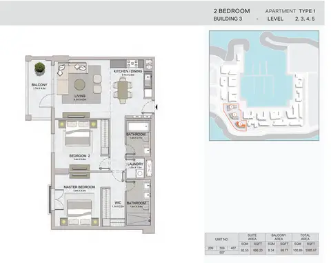 La Voile: Floor plan 2-Bedroom,Building-3-Type-1,Size-1085.97-Sq.Ft, 1,086 sq ft