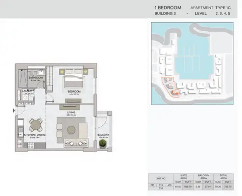 La Voile: Floor plan 1-Bedroom,Building-3-Type-1C,Size - 756.70-Sq.Ft, 757 sq ft