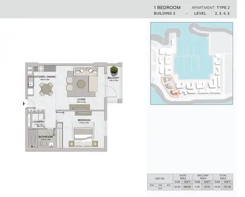 La Voile: Floor plan 1-Bedroom,Building-3-Type-2,Size - 757.56 - Sq.Ft, 758 sq ft
