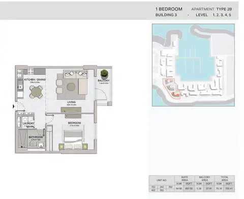 La Voile: Floor plan 1-Bedroom,Building-3-Type-2B,Size - 755.41- Sq.Ft, 755 sq ft