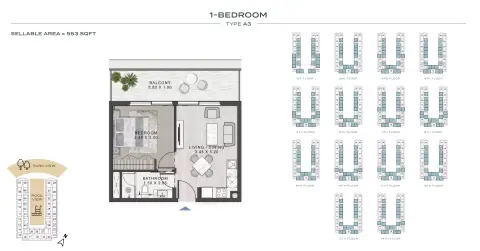 ELO: Floor plan Type A3, 553 sq ft