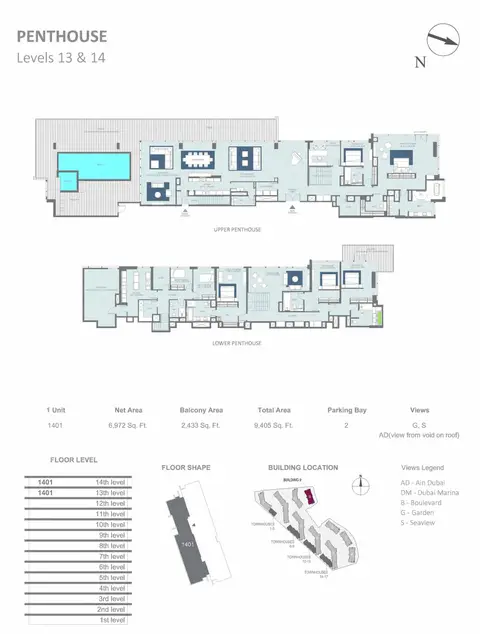 Meraas Bluewaters Building 9: Floor plan Building 9 - Penthouse, Level 13 & 14 Size 9405 sq.ft, 9,405 sq ft